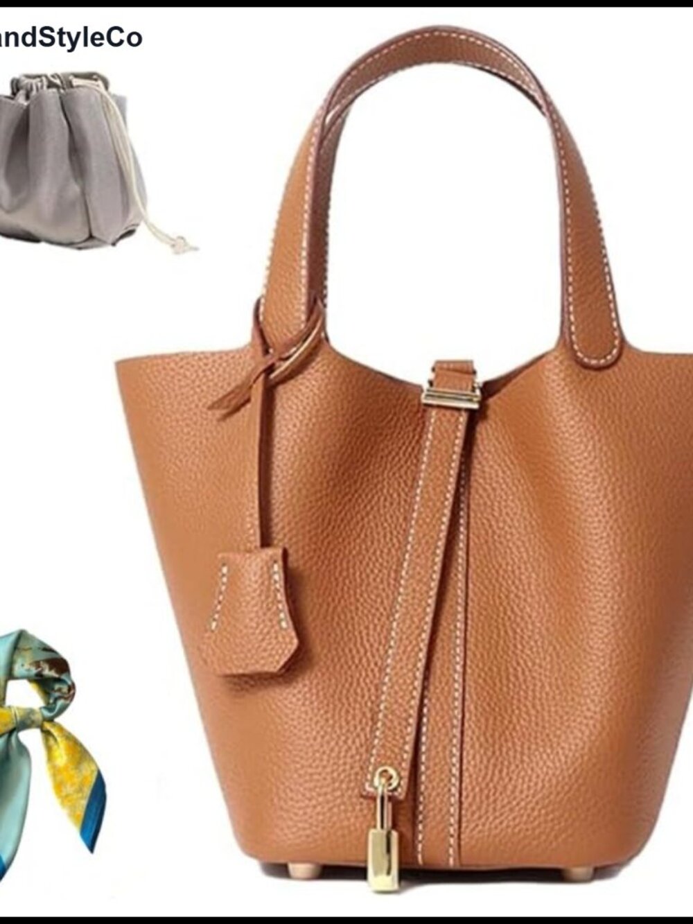 Genuine Leather Bucket Bag Lock Design Shoulder Handbag Top-Handle Tote